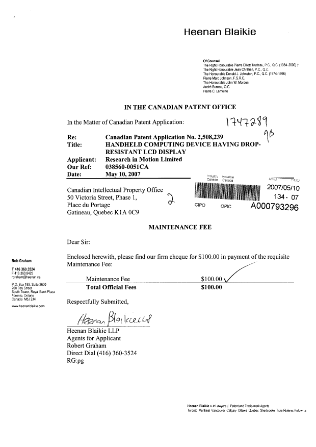 Document de brevet canadien 2508239. Taxes 20070510. Image 1 de 1