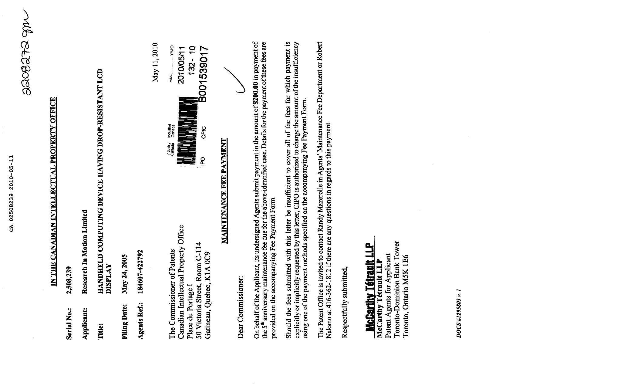 Canadian Patent Document 2508239. Fees 20091211. Image 1 of 1