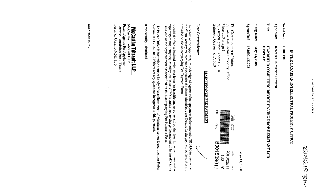 Canadian Patent Document 2508239. Fees 20100511. Image 1 of 1
