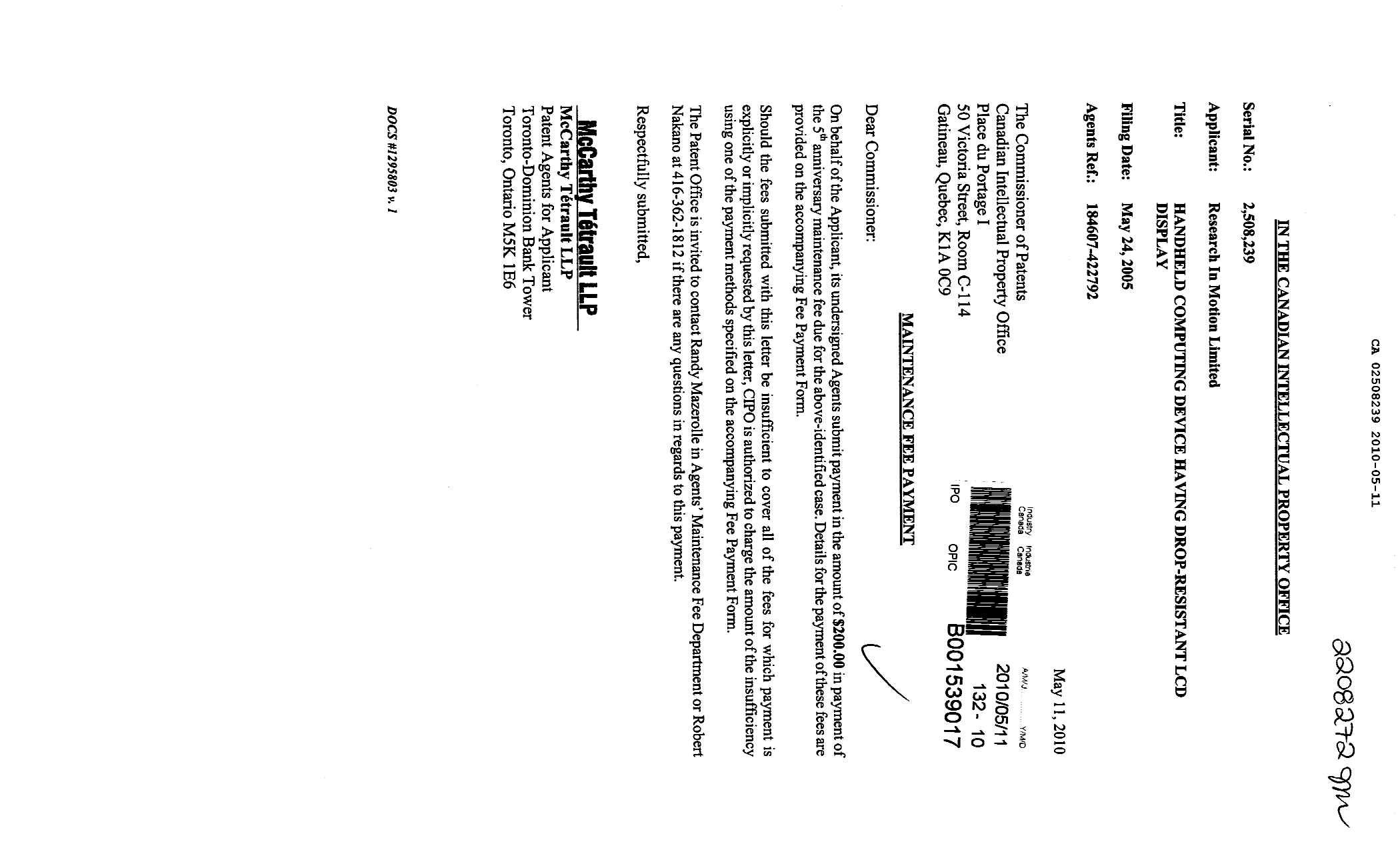 Canadian Patent Document 2508239. Fees 20100511. Image 1 of 1