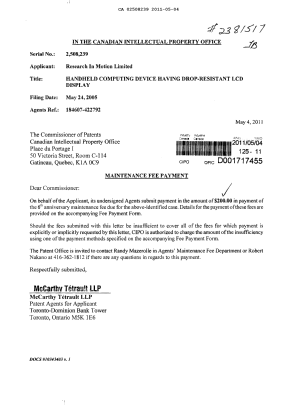 Canadian Patent Document 2508239. Fees 20110504. Image 1 of 1
