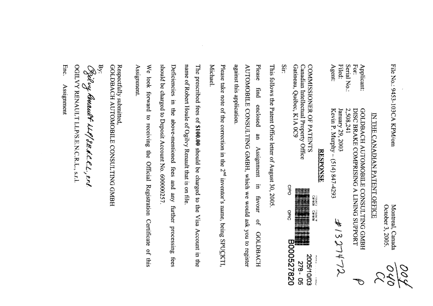 Document de brevet canadien 2508241. Correspondance 20051003. Image 1 de 1
