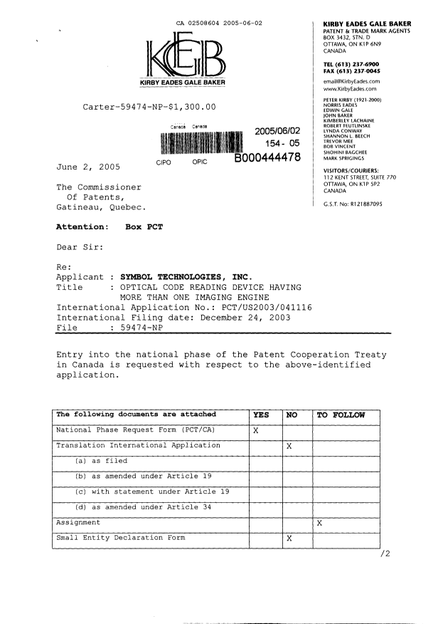 Document de brevet canadien 2508604. Cession 20050602. Image 1 de 4