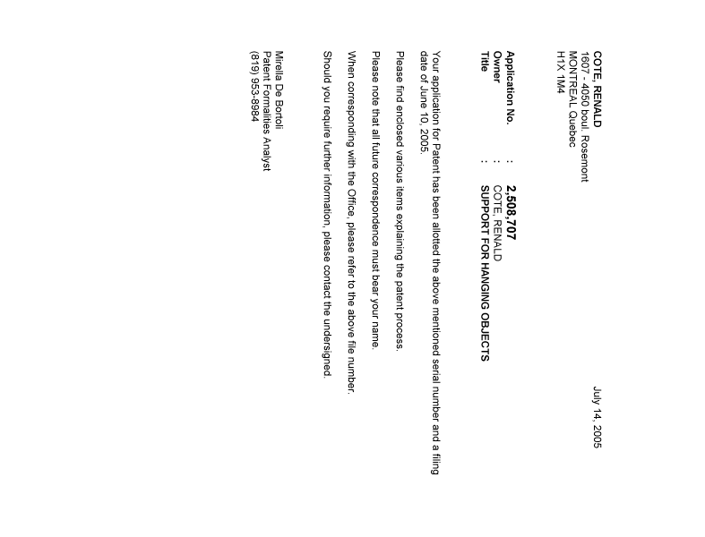 Document de brevet canadien 2508707. Correspondance 20041212. Image 1 de 1