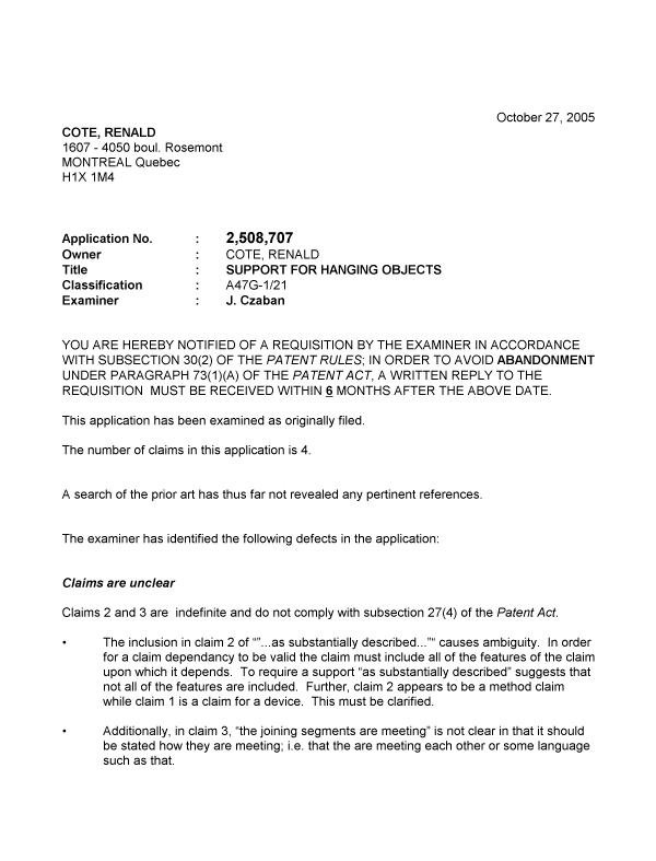 Document de brevet canadien 2508707. Poursuite-Amendment 20051027. Image 1 de 2
