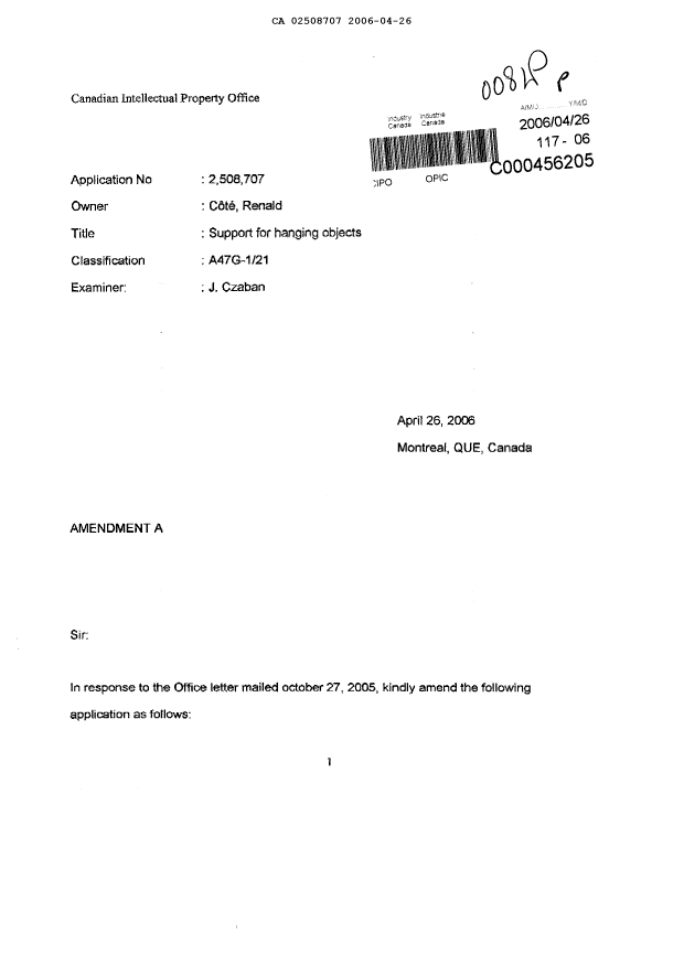 Document de brevet canadien 2508707. Poursuite-Amendment 20060426. Image 1 de 13