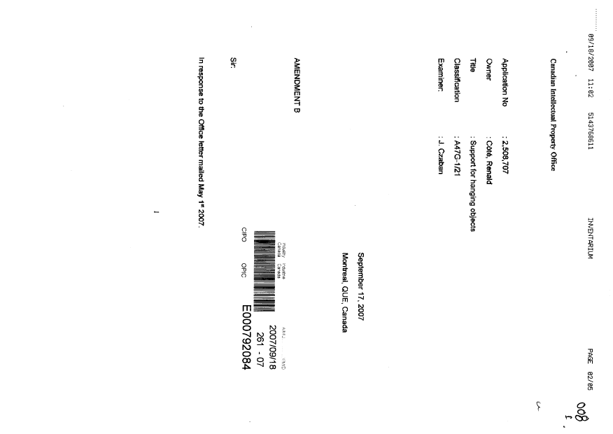 Canadian Patent Document 2508707. Prosecution-Amendment 20061218. Image 1 of 5