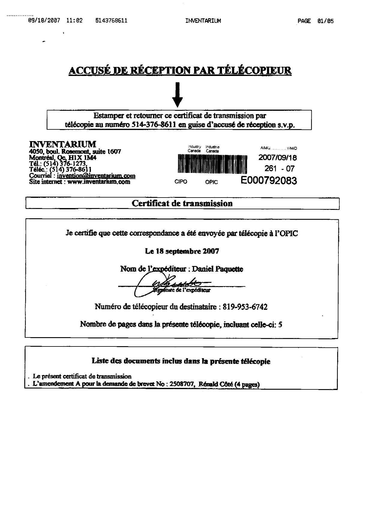 Document de brevet canadien 2508707. Poursuite-Amendment 20061218. Image 5 de 5