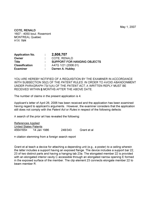 Document de brevet canadien 2508707. Poursuite-Amendment 20070501. Image 1 de 3