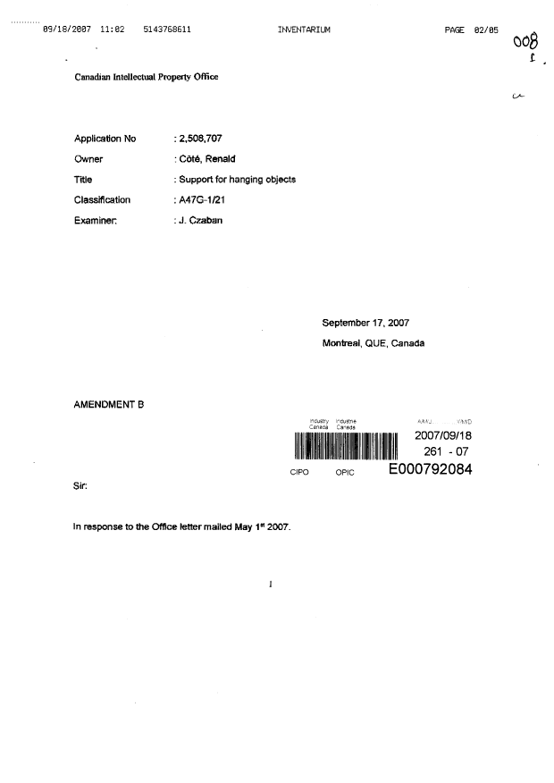 Document de brevet canadien 2508707. Poursuite-Amendment 20070918. Image 1 de 5