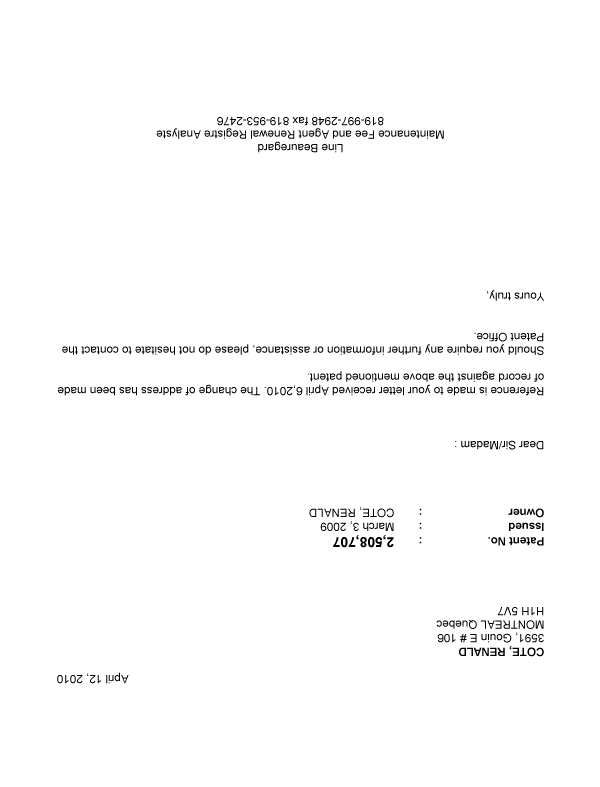 Document de brevet canadien 2508707. Correspondance 20091212. Image 1 de 1