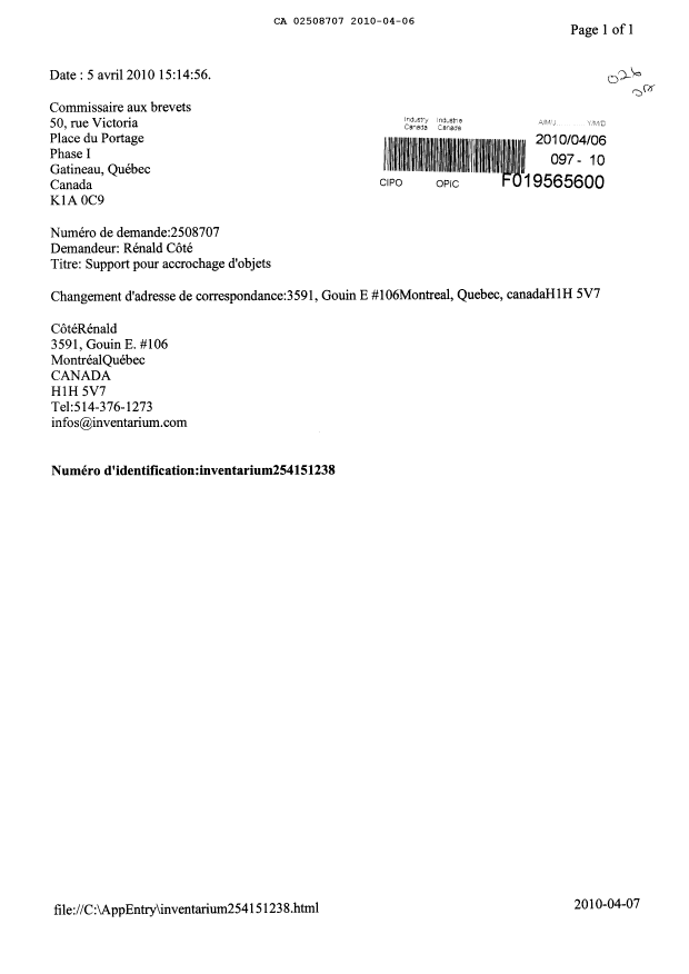 Document de brevet canadien 2508707. Correspondance 20100406. Image 1 de 1