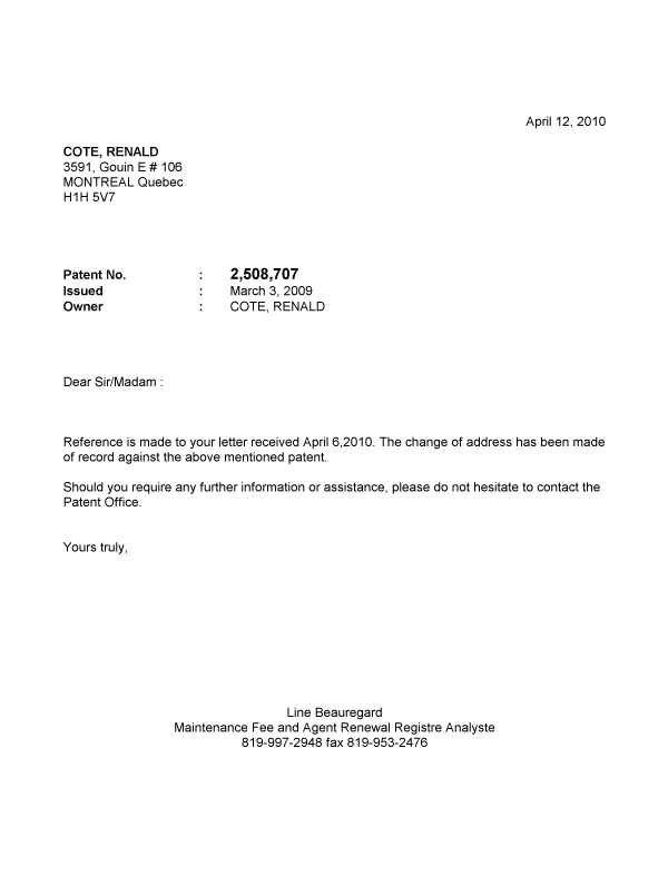 Document de brevet canadien 2508707. Correspondance 20100412. Image 1 de 1