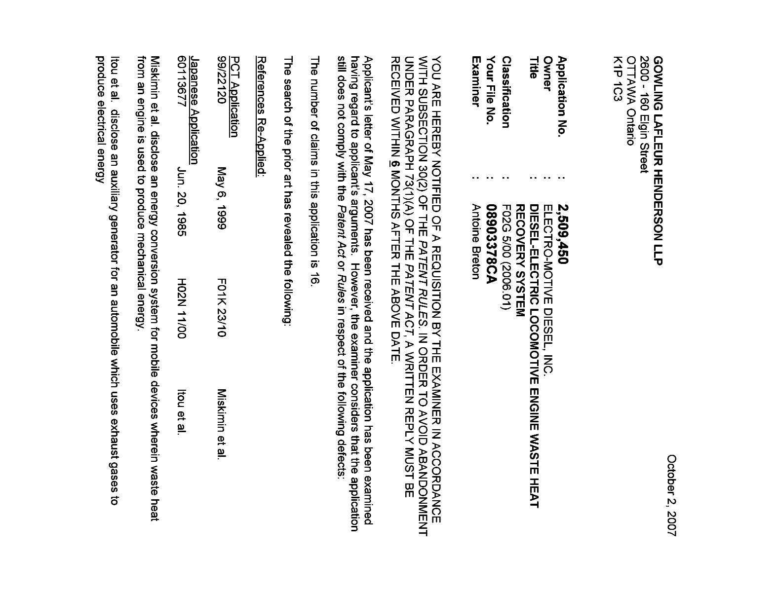 Canadian Patent Document 2509450. Prosecution-Amendment 20071002. Image 1 of 2