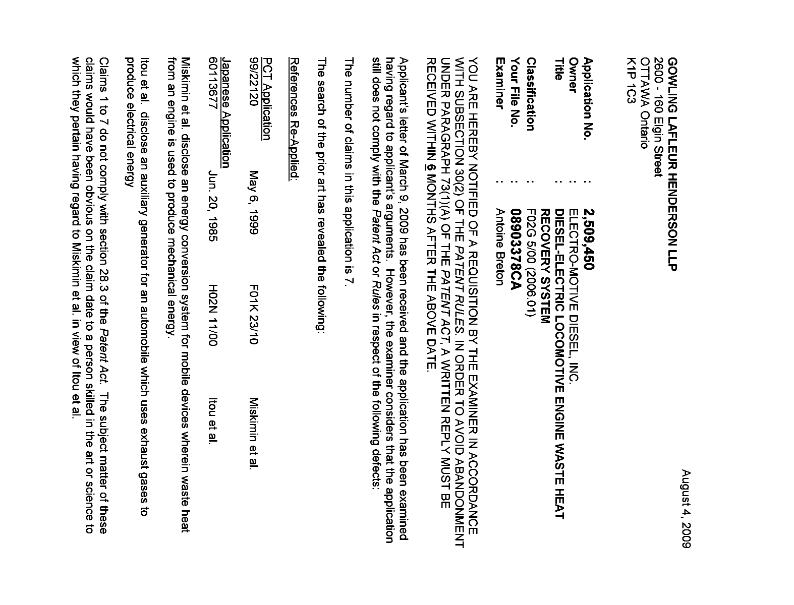 Canadian Patent Document 2509450. Prosecution-Amendment 20090804. Image 1 of 2