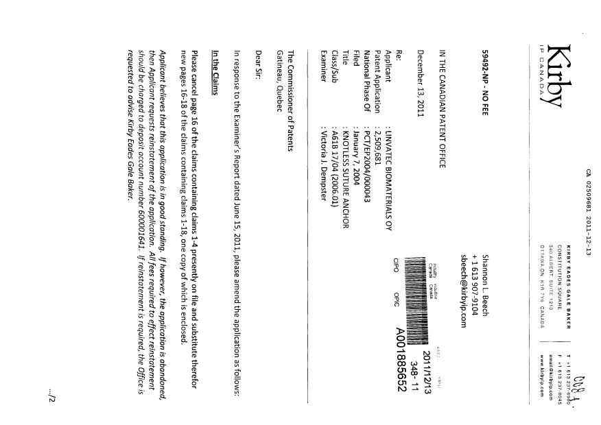 Canadian Patent Document 2509681. Prosecution-Amendment 20101213. Image 1 of 7
