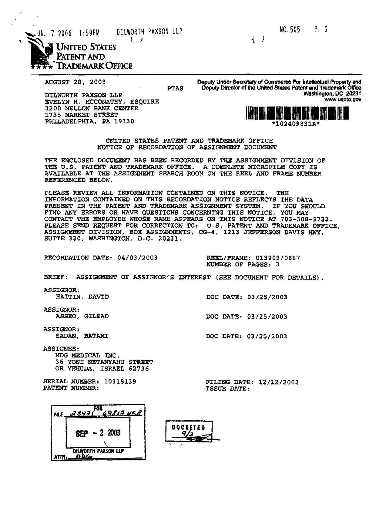 Canadian Patent Document 2509787. Assignment 20060612. Image 2 of 6