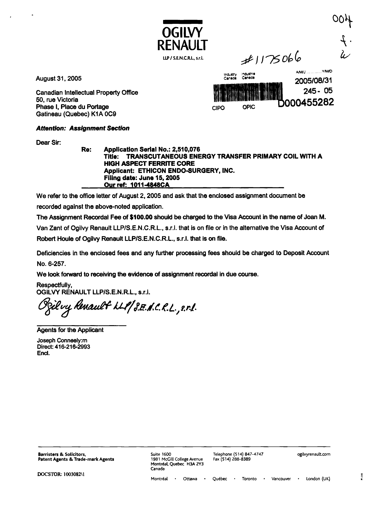 Document de brevet canadien 2510076. Cession 20050831. Image 1 de 7