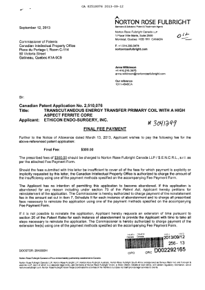 Document de brevet canadien 2510076. Correspondance 20130912. Image 1 de 2