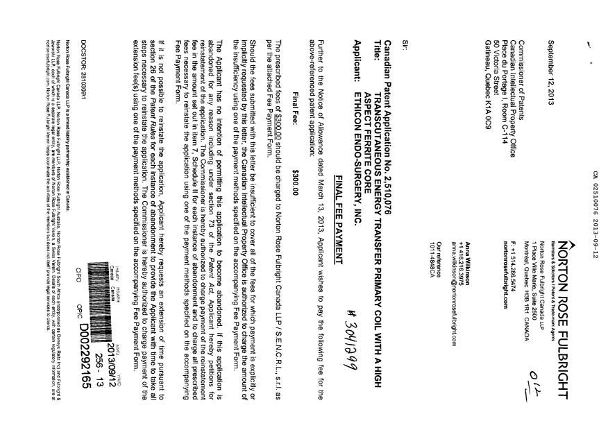 Document de brevet canadien 2510076. Correspondance 20130912. Image 1 de 2