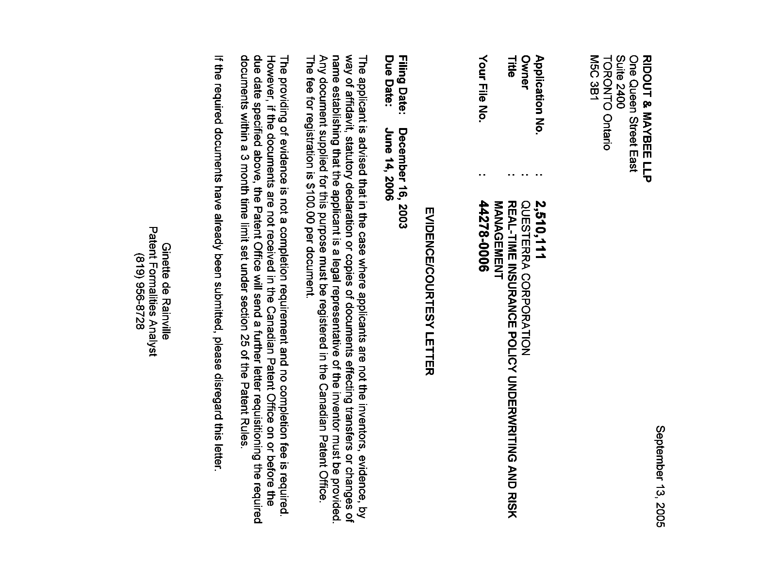 Canadian Patent Document 2510111. Correspondence 20050907. Image 1 of 1