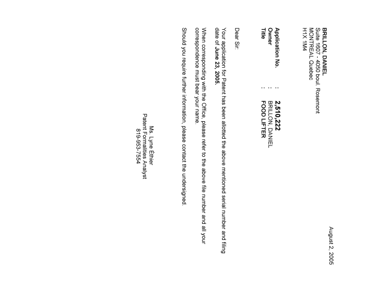 Canadian Patent Document 2510222. Correspondence 20050728. Image 1 of 1