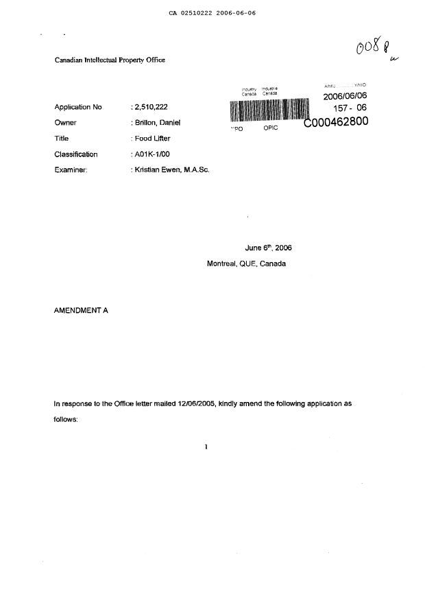 Canadian Patent Document 2510222. Prosecution-Amendment 20051206. Image 1 of 15