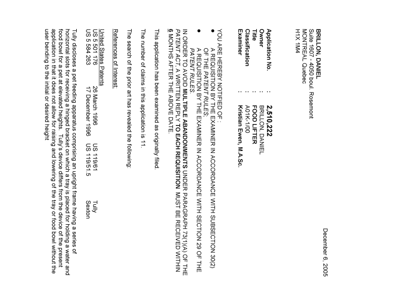 Canadian Patent Document 2510222. Prosecution-Amendment 20051206. Image 1 of 3