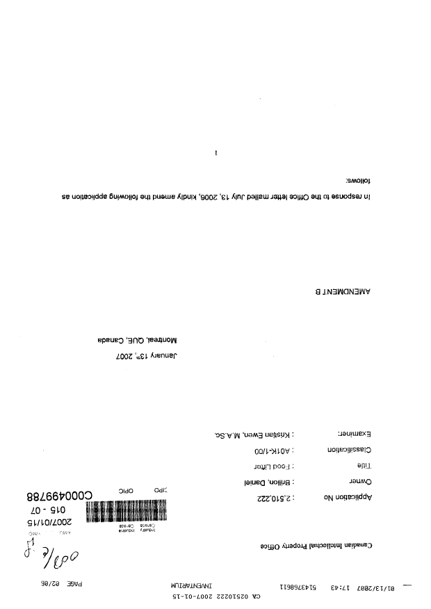 Document de brevet canadien 2510222. Poursuite-Amendment 20070115. Image 1 de 6