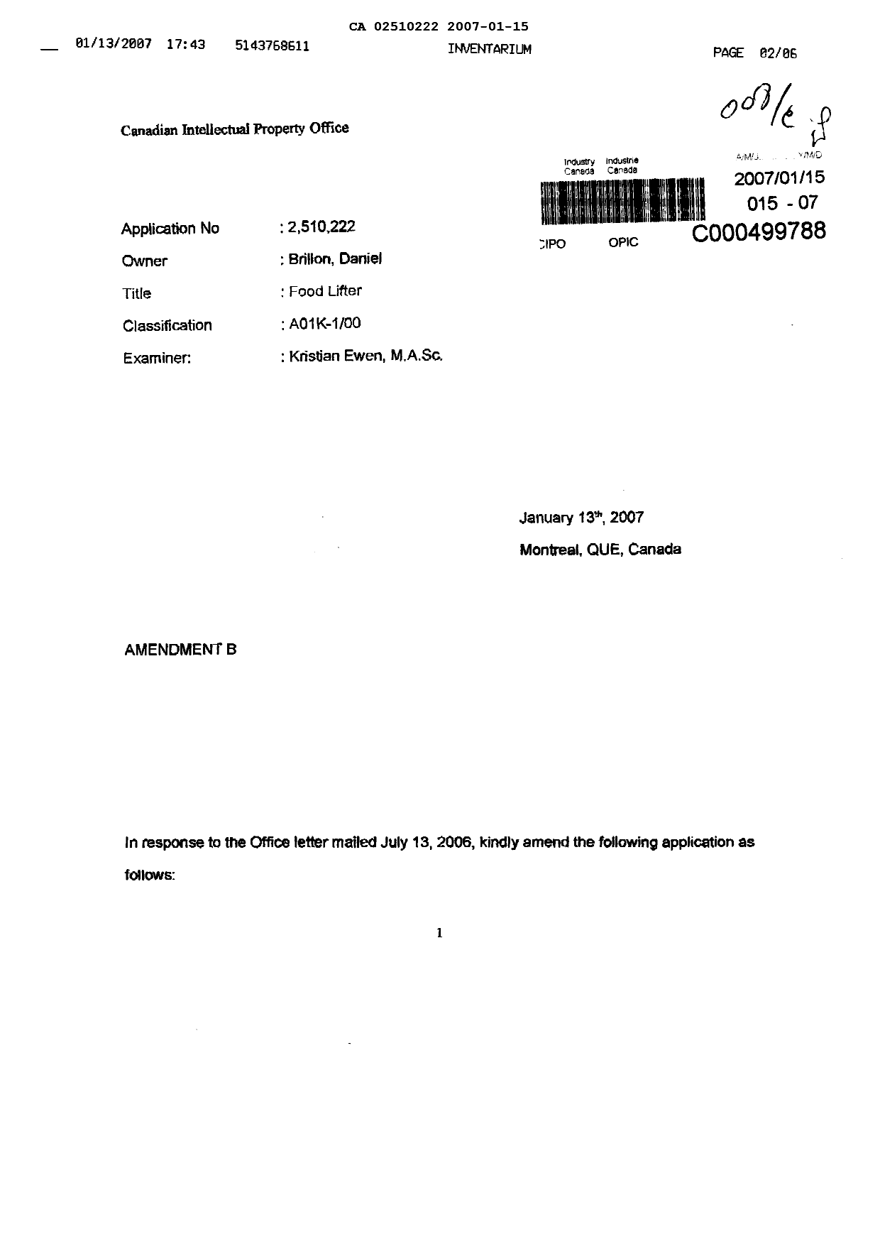 Canadian Patent Document 2510222. Prosecution-Amendment 20070115. Image 1 of 6