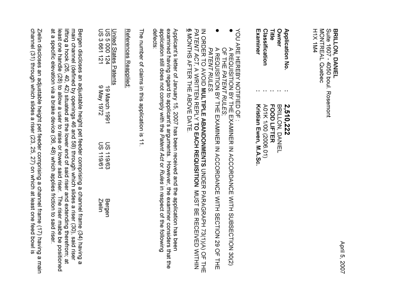 Canadian Patent Document 2510222. Prosecution-Amendment 20070405. Image 1 of 3