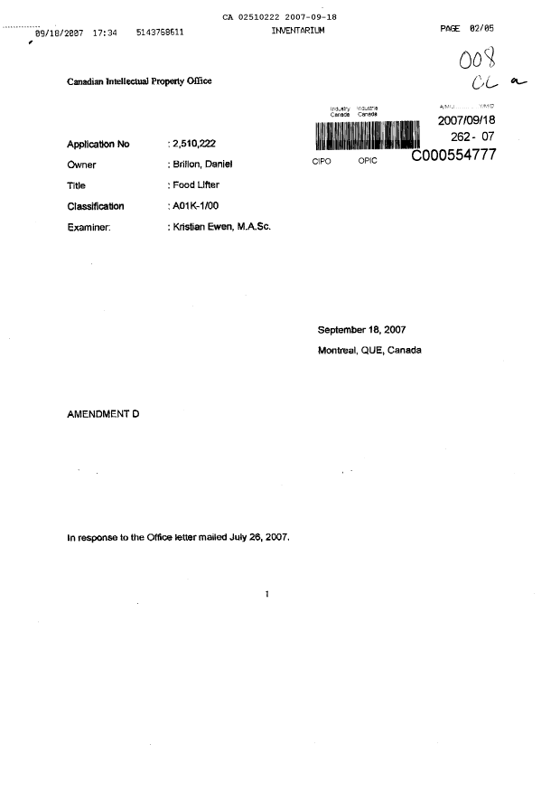 Document de brevet canadien 2510222. Poursuite-Amendment 20070918. Image 1 de 5