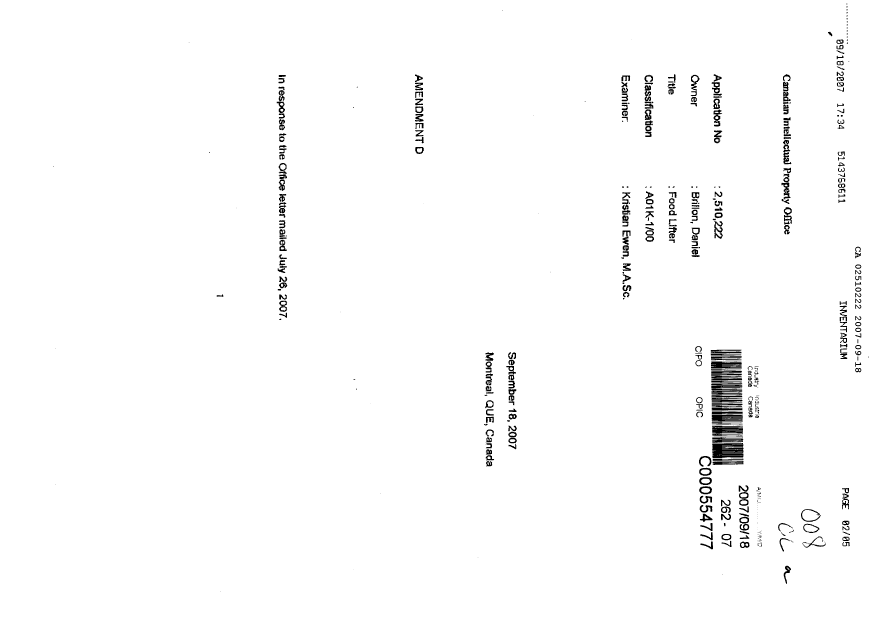 Canadian Patent Document 2510222. Prosecution-Amendment 20070918. Image 1 of 5