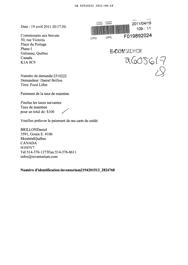 Document de brevet canadien 2510222. Taxes 20110419. Image 1 de 1