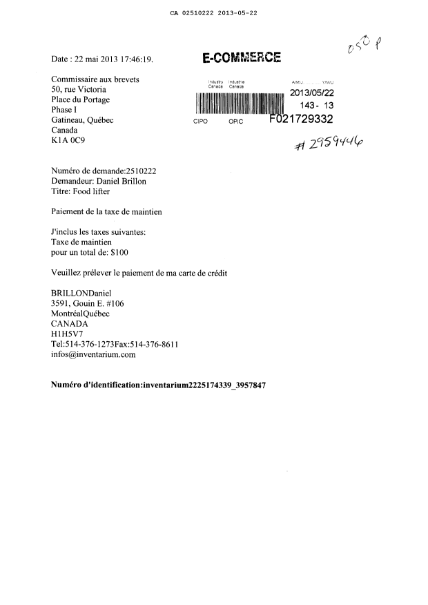 Document de brevet canadien 2510222. Taxes 20130522. Image 1 de 1