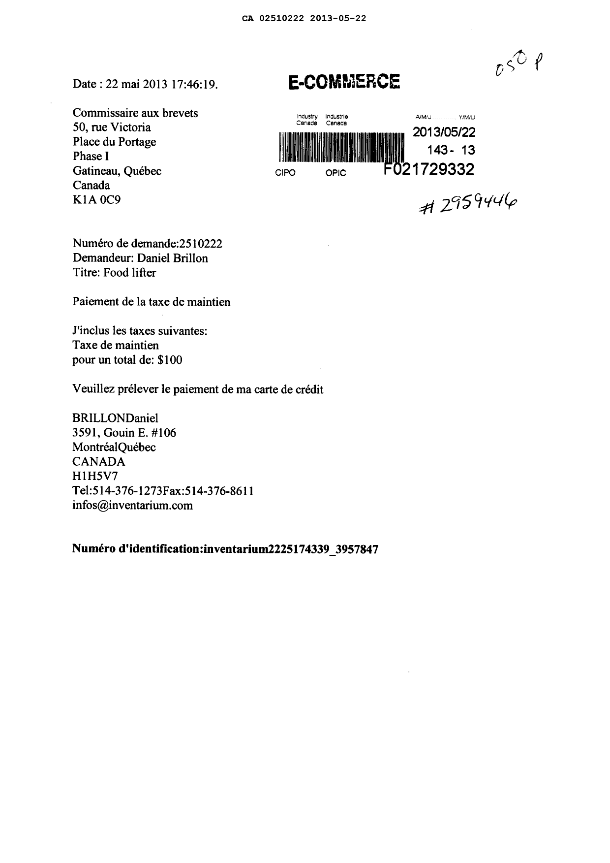 Canadian Patent Document 2510222. Fees 20130522. Image 1 of 1