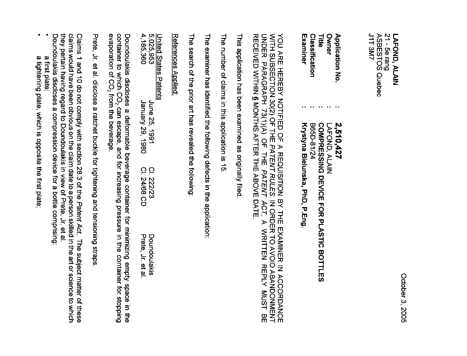 Canadian Patent Document 2510427. Prosecution-Amendment 20041203. Image 1 of 2