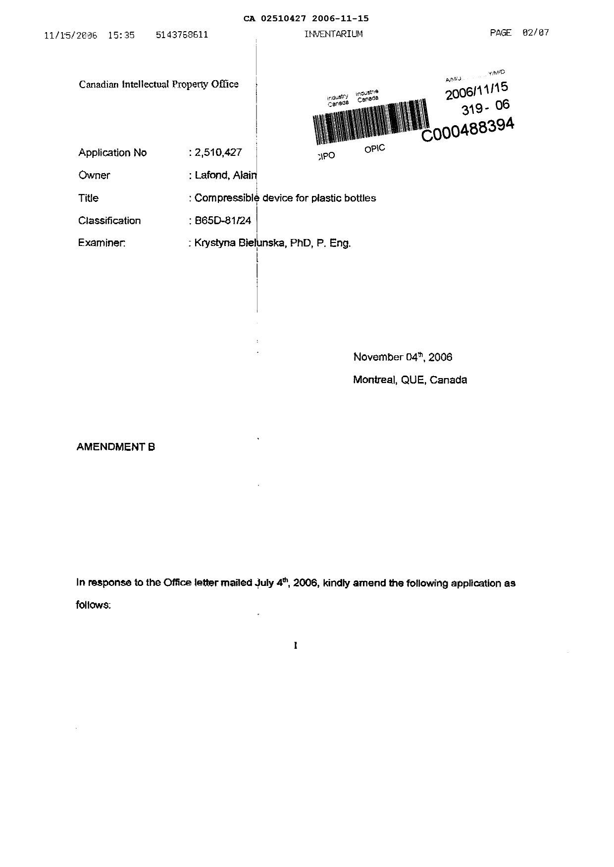 Canadian Patent Document 2510427. Prosecution-Amendment 20051215. Image 2 of 7