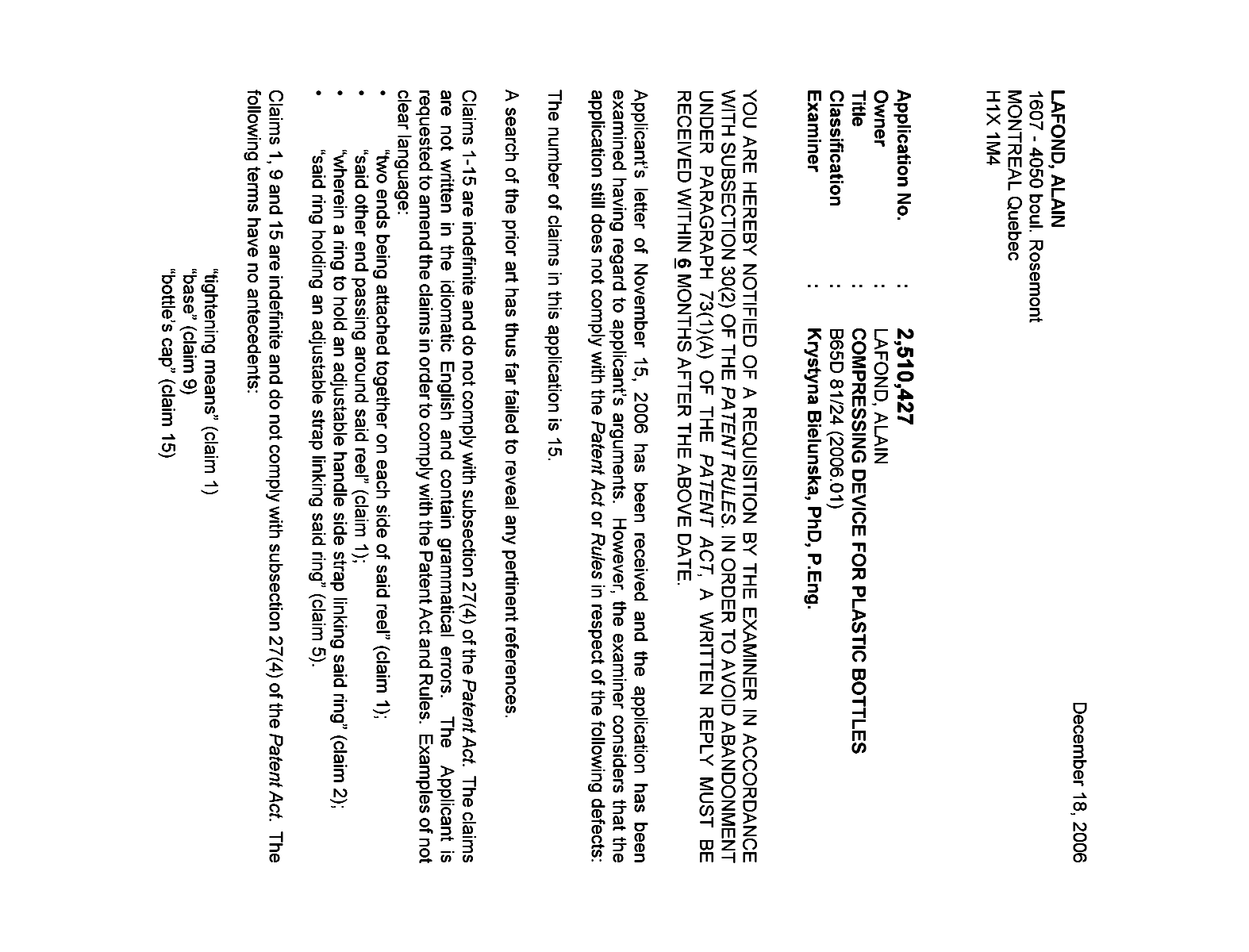 Document de brevet canadien 2510427. Poursuite-Amendment 20051218. Image 1 de 2