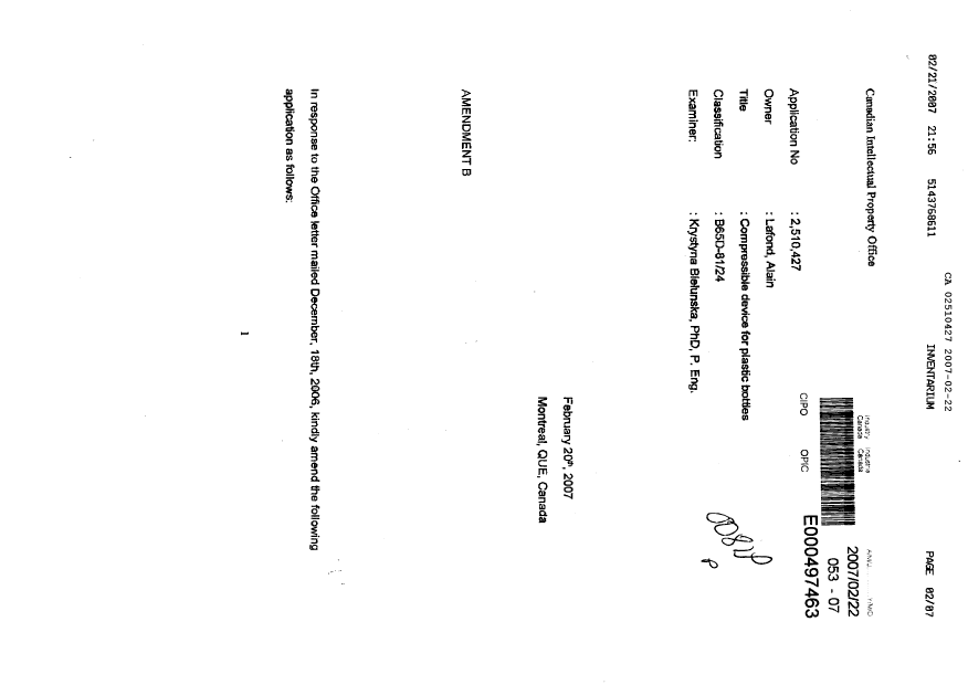 Document de brevet canadien 2510427. Poursuite-Amendment 20061222. Image 1 de 7