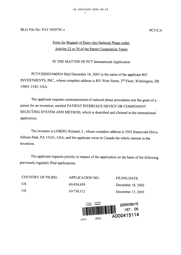 Document de brevet canadien 2510429. Cession 20050615. Image 2 de 3