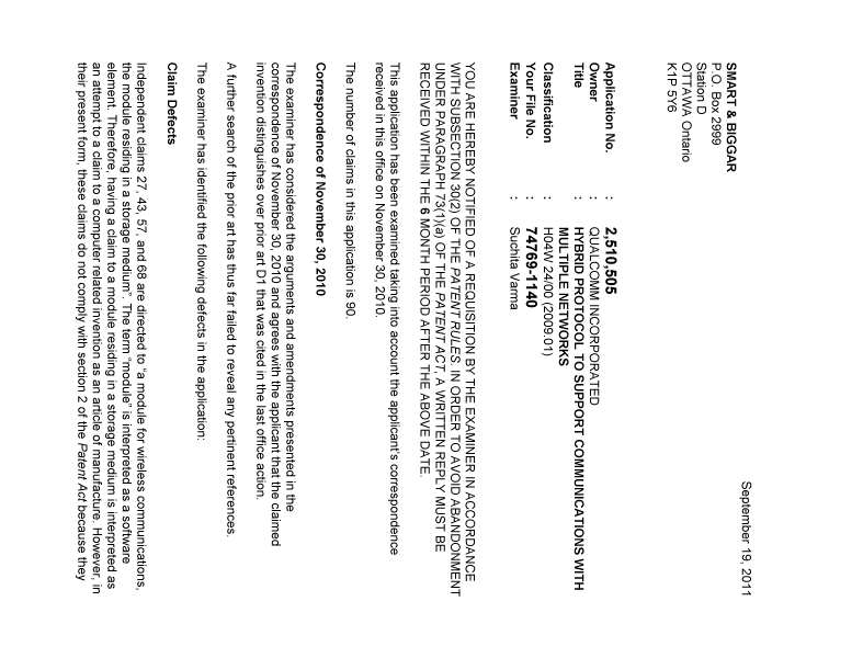 Document de brevet canadien 2510505. Poursuite-Amendment 20110919. Image 1 de 2