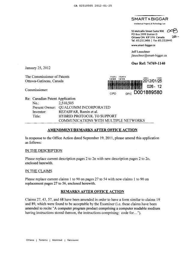 Canadian Patent Document 2510505. Prosecution-Amendment 20120125. Image 1 of 49