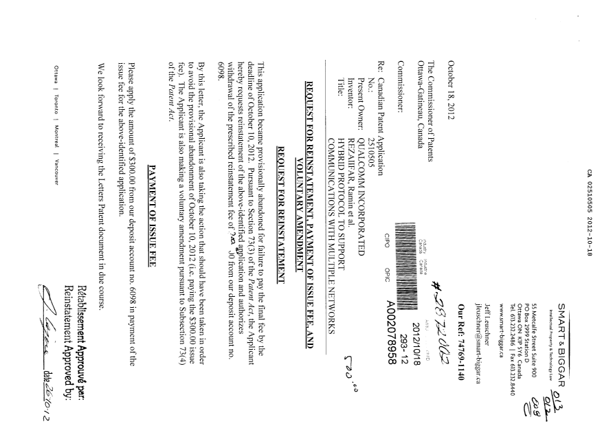 Document de brevet canadien 2510505. Correspondance 20121018. Image 1 de 3