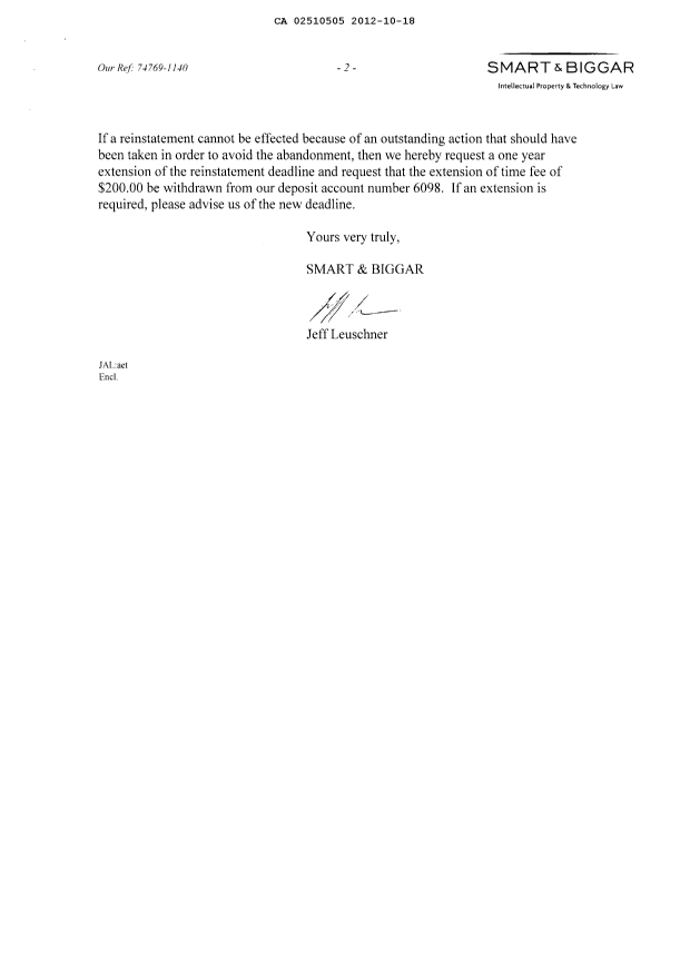 Document de brevet canadien 2510505. Correspondance 20121018. Image 3 de 3
