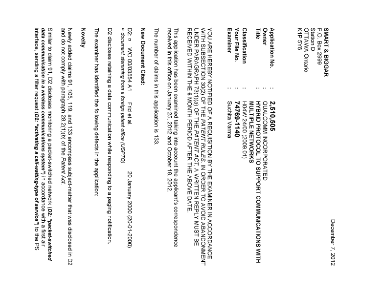 Document de brevet canadien 2510505. Poursuite-Amendment 20121207. Image 1 de 2