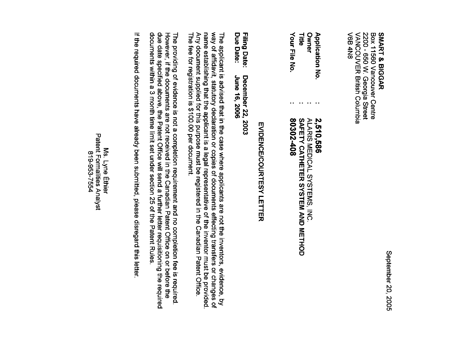 Document de brevet canadien 2510586. Correspondance 20041212. Image 1 de 1
