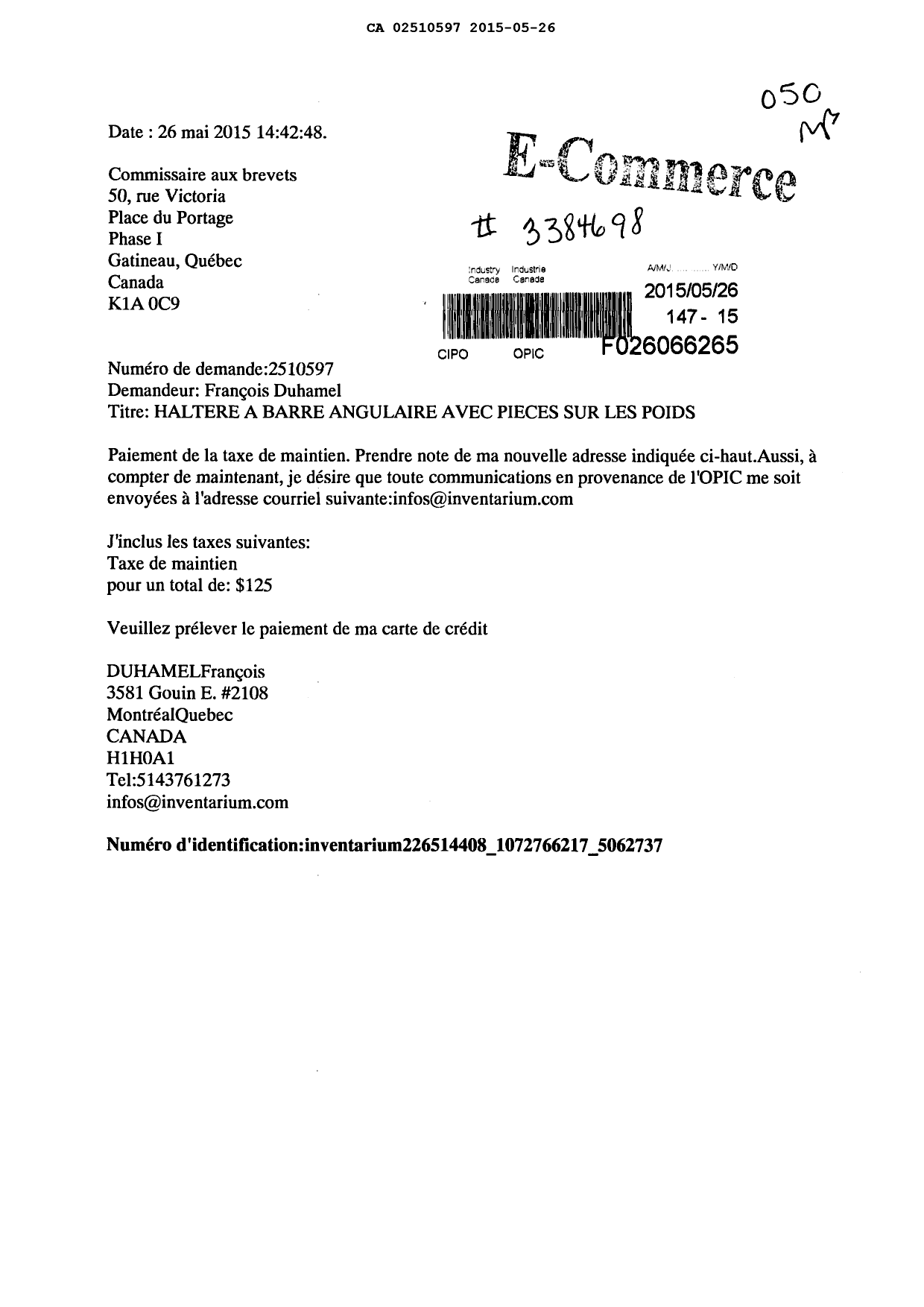 Document de brevet canadien 2510597. Taxes 20141226. Image 1 de 1