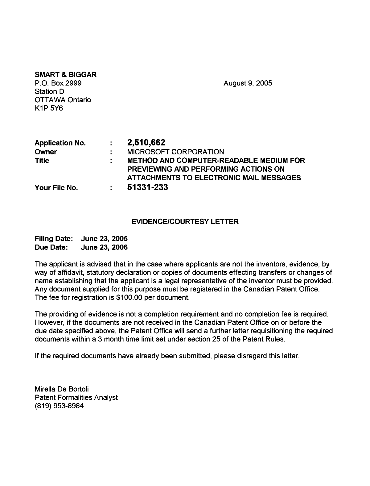 Document de brevet canadien 2510662. Correspondance 20050804. Image 1 de 1
