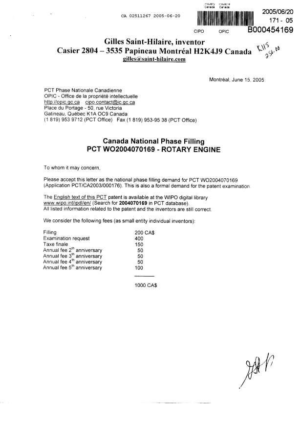 Canadian Patent Document 2511267. Assignment 20050620. Image 1 of 6
